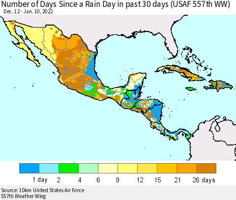 Mexico Central America and the Caribbean Number of Days Since a Rain Day in past 30 days (USAF 557th WW) Thematic Map For 1/6/2022 - 1/10/2022