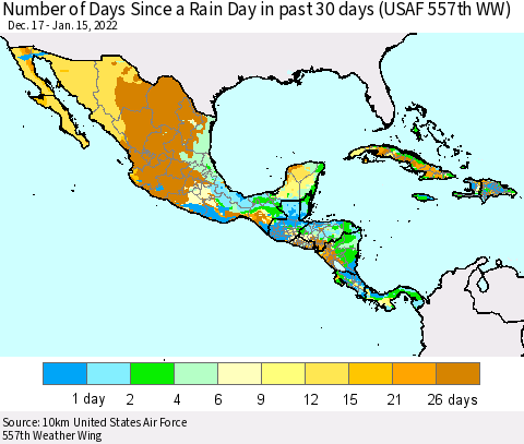 Mexico Central America and the Caribbean Number of Days Since a Rain Day in past 30 days (USAF 557th WW) Thematic Map For 1/11/2022 - 1/15/2022