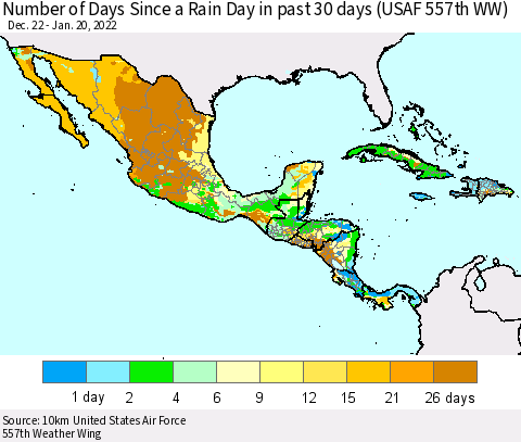 Mexico Central America and the Caribbean Number of Days Since a Rain Day in past 30 days (USAF 557th WW) Thematic Map For 1/16/2022 - 1/20/2022