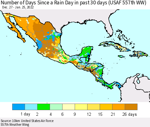 Mexico Central America and the Caribbean Number of Days Since a Rain Day in past 30 days (USAF 557th WW) Thematic Map For 1/21/2022 - 1/25/2022