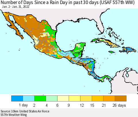 Mexico Central America and the Caribbean Number of Days Since a Rain Day in past 30 days (USAF 557th WW) Thematic Map For 1/26/2022 - 1/31/2022