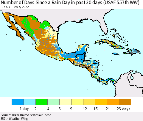 Mexico Central America and the Caribbean Number of Days Since a Rain Day in past 30 days (USAF 557th WW) Thematic Map For 2/1/2022 - 2/5/2022