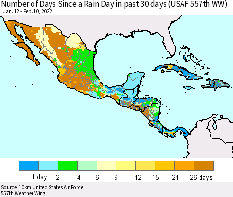 Mexico Central America and the Caribbean Number of Days Since a Rain Day in past 30 days (USAF 557th WW) Thematic Map For 2/6/2022 - 2/10/2022
