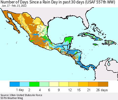 Mexico Central America and the Caribbean Number of Days Since a Rain Day in past 30 days (USAF 557th WW) Thematic Map For 2/11/2022 - 2/15/2022