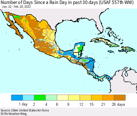 Mexico Central America and the Caribbean Number of Days Since a Rain Day in past 30 days (USAF 557th WW) Thematic Map For 2/16/2022 - 2/20/2022