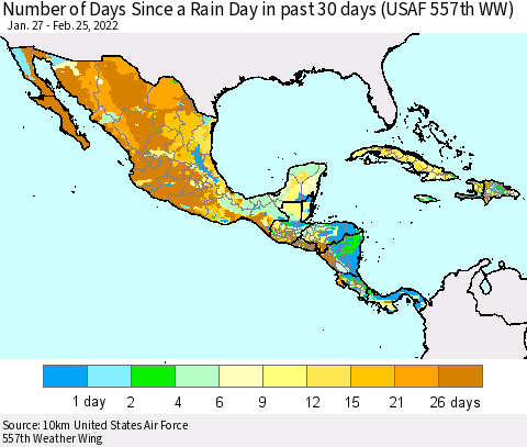 Mexico Central America and the Caribbean Number of Days Since a Rain Day in past 30 days (USAF 557th WW) Thematic Map For 2/21/2022 - 2/25/2022