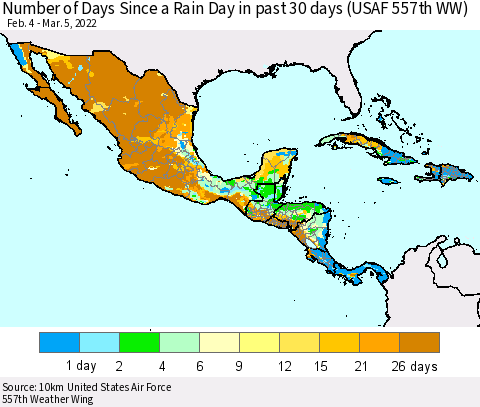 Mexico Central America and the Caribbean Number of Days Since a Rain Day in past 30 days (USAF 557th WW) Thematic Map For 3/1/2022 - 3/5/2022