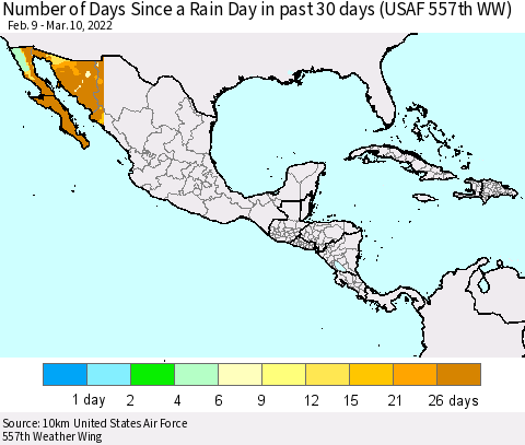 Mexico Central America and the Caribbean Number of Days Since a Rain Day in past 30 days (USAF 557th WW) Thematic Map For 3/6/2022 - 3/10/2022