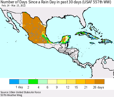 Mexico Central America and the Caribbean Number of Days Since a Rain Day in past 30 days (USAF 557th WW) Thematic Map For 3/11/2022 - 3/15/2022
