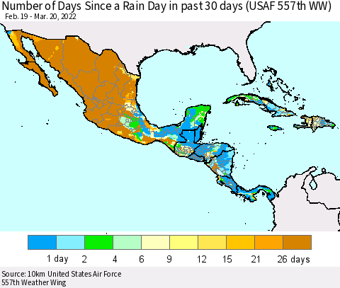 Mexico Central America and the Caribbean Number of Days Since a Rain Day in past 30 days (USAF 557th WW) Thematic Map For 3/16/2022 - 3/20/2022