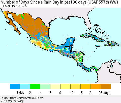 Mexico Central America and the Caribbean Number of Days Since a Rain Day in past 30 days (USAF 557th WW) Thematic Map For 3/21/2022 - 3/25/2022