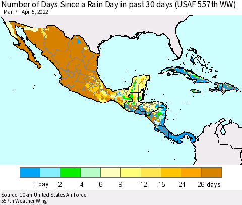 Mexico Central America and the Caribbean Number of Days Since a Rain Day in past 30 days (USAF 557th WW) Thematic Map For 4/1/2022 - 4/5/2022