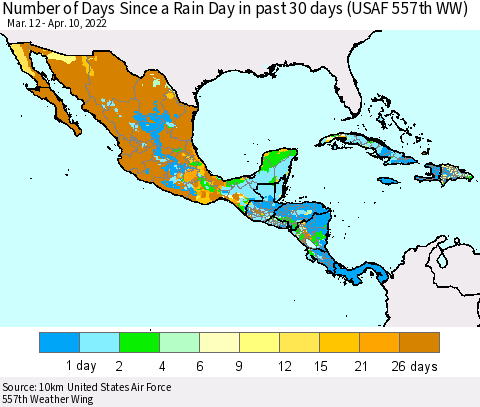Mexico Central America and the Caribbean Number of Days Since a Rain Day in past 30 days (USAF 557th WW) Thematic Map For 4/6/2022 - 4/10/2022