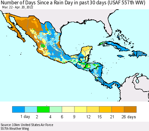 Mexico Central America and the Caribbean Number of Days Since a Rain Day in past 30 days (USAF 557th WW) Thematic Map For 4/16/2022 - 4/20/2022