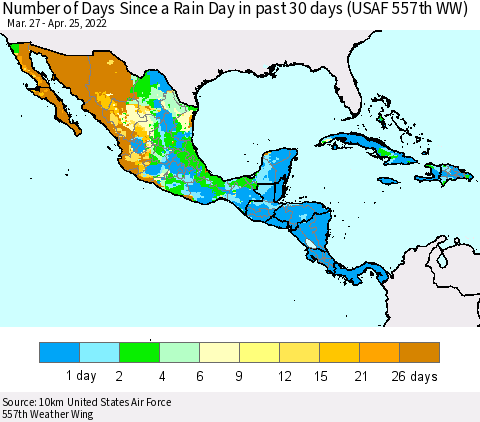 Mexico Central America and the Caribbean Number of Days Since a Rain Day in past 30 days (USAF 557th WW) Thematic Map For 4/21/2022 - 4/25/2022