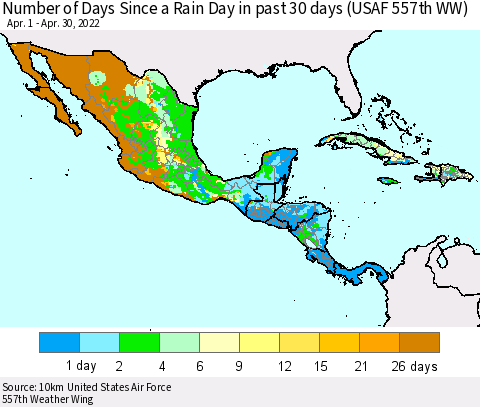 Mexico Central America and the Caribbean Number of Days Since a Rain Day in past 30 days (USAF 557th WW) Thematic Map For 4/26/2022 - 4/30/2022