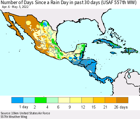 Mexico Central America and the Caribbean Number of Days Since a Rain Day in past 30 days (USAF 557th WW) Thematic Map For 5/1/2022 - 5/5/2022