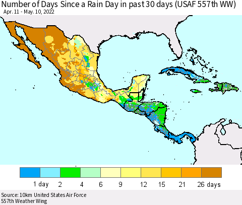 Mexico Central America and the Caribbean Number of Days Since a Rain Day in past 30 days (USAF 557th WW) Thematic Map For 5/6/2022 - 5/10/2022