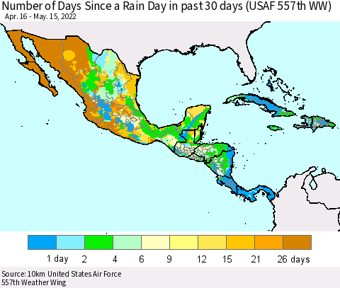 Mexico Central America and the Caribbean Number of Days Since a Rain Day in past 30 days (USAF 557th WW) Thematic Map For 5/11/2022 - 5/15/2022