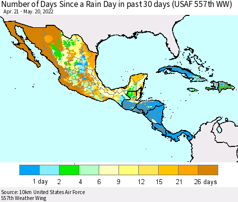 Mexico Central America and the Caribbean Number of Days Since a Rain Day in past 30 days (USAF 557th WW) Thematic Map For 5/16/2022 - 5/20/2022