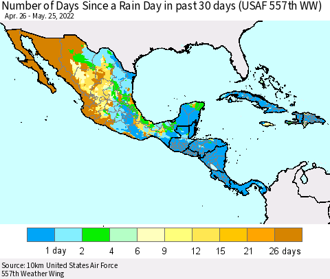 Mexico Central America and the Caribbean Number of Days Since a Rain Day in past 30 days (USAF 557th WW) Thematic Map For 5/21/2022 - 5/25/2022