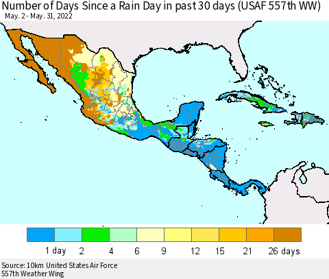 Mexico Central America and the Caribbean Number of Days Since a Rain Day in past 30 days (USAF 557th WW) Thematic Map For 5/26/2022 - 5/31/2022
