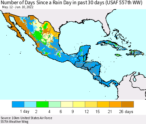 Mexico Central America and the Caribbean Number of Days Since a Rain Day in past 30 days (USAF 557th WW) Thematic Map For 6/6/2022 - 6/10/2022