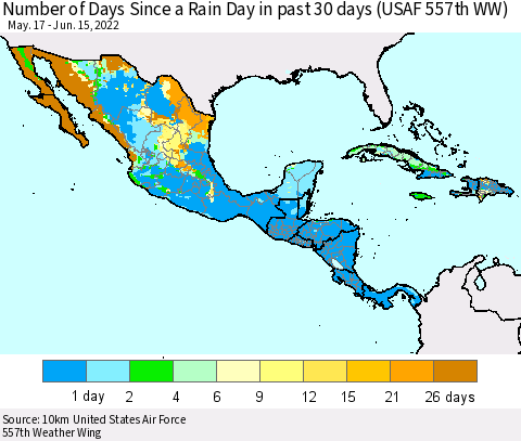 Mexico Central America and the Caribbean Number of Days Since a Rain Day in past 30 days (USAF 557th WW) Thematic Map For 6/11/2022 - 6/15/2022