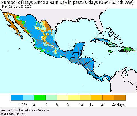 Mexico Central America and the Caribbean Number of Days Since a Rain Day in past 30 days (USAF 557th WW) Thematic Map For 6/16/2022 - 6/20/2022