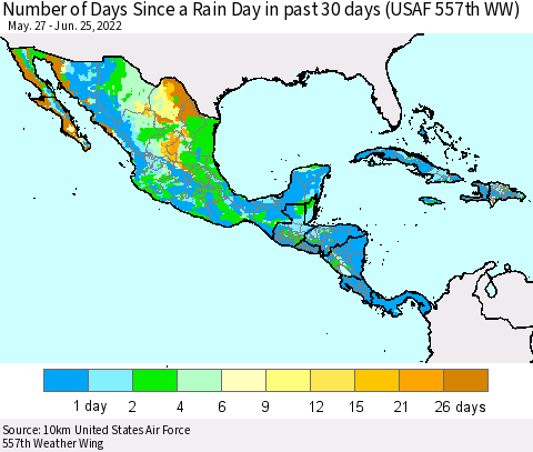 Mexico Central America and the Caribbean Number of Days Since a Rain Day in past 30 days (USAF 557th WW) Thematic Map For 6/21/2022 - 6/25/2022