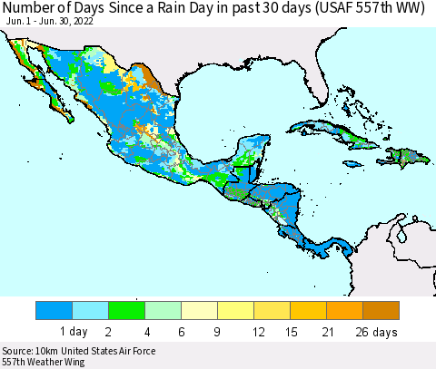 Mexico Central America and the Caribbean Number of Days Since a Rain Day in past 30 days (USAF 557th WW) Thematic Map For 6/26/2022 - 6/30/2022