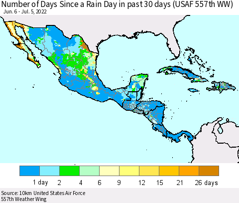 Mexico Central America and the Caribbean Number of Days Since a Rain Day in past 30 days (USAF 557th WW) Thematic Map For 7/1/2022 - 7/5/2022