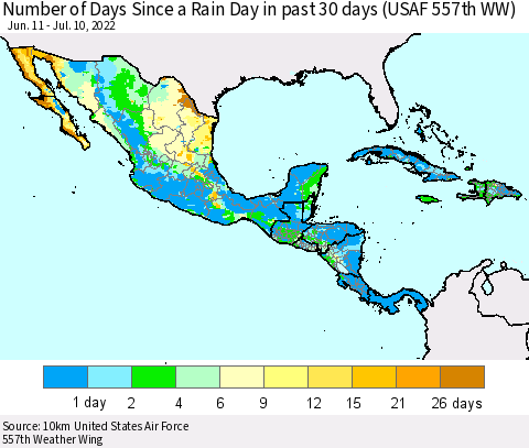 Mexico Central America and the Caribbean Number of Days Since a Rain Day in past 30 days (USAF 557th WW) Thematic Map For 7/6/2022 - 7/10/2022