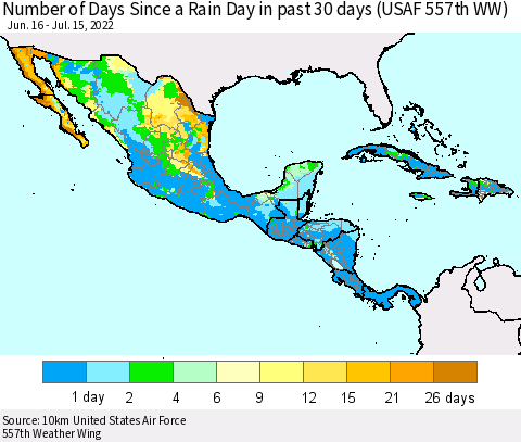 Mexico Central America and the Caribbean Number of Days Since a Rain Day in past 30 days (USAF 557th WW) Thematic Map For 7/11/2022 - 7/15/2022