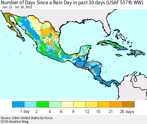 Mexico Central America and the Caribbean Number of Days Since a Rain Day in past 30 days (USAF 557th WW) Thematic Map For 7/16/2022 - 7/20/2022