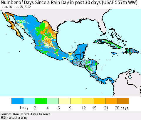 Mexico Central America and the Caribbean Number of Days Since a Rain Day in past 30 days (USAF 557th WW) Thematic Map For 7/21/2022 - 7/25/2022