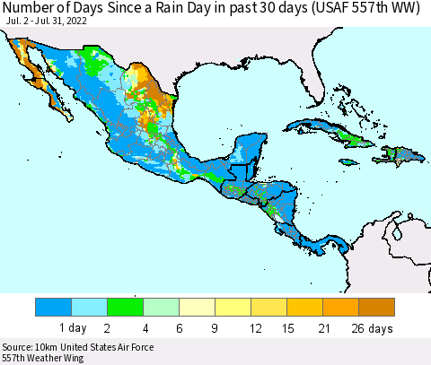 Mexico Central America and the Caribbean Number of Days Since a Rain Day in past 30 days (USAF 557th WW) Thematic Map For 7/26/2022 - 7/31/2022