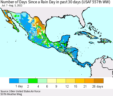 Mexico Central America and the Caribbean Number of Days Since a Rain Day in past 30 days (USAF 557th WW) Thematic Map For 8/1/2022 - 8/5/2022