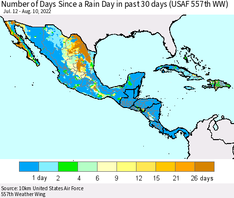 Mexico Central America and the Caribbean Number of Days Since a Rain Day in past 30 days (USAF 557th WW) Thematic Map For 8/6/2022 - 8/10/2022