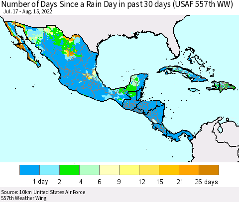 Mexico Central America and the Caribbean Number of Days Since a Rain Day in past 30 days (USAF 557th WW) Thematic Map For 8/11/2022 - 8/15/2022