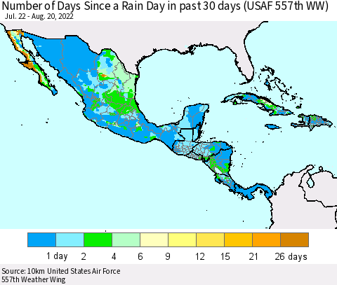Mexico Central America and the Caribbean Number of Days Since a Rain Day in past 30 days (USAF 557th WW) Thematic Map For 8/16/2022 - 8/20/2022