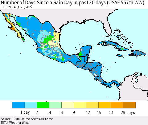 Mexico Central America and the Caribbean Number of Days Since a Rain Day in past 30 days (USAF 557th WW) Thematic Map For 8/21/2022 - 8/25/2022