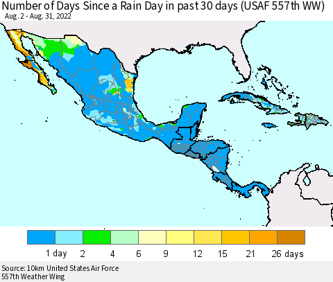 Mexico Central America and the Caribbean Number of Days Since a Rain Day in past 30 days (USAF 557th WW) Thematic Map For 8/26/2022 - 8/31/2022