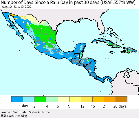Mexico Central America and the Caribbean Number of Days Since a Rain Day in past 30 days (USAF 557th WW) Thematic Map For 9/6/2022 - 9/10/2022