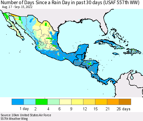 Mexico Central America and the Caribbean Number of Days Since a Rain Day in past 30 days (USAF 557th WW) Thematic Map For 9/11/2022 - 9/15/2022