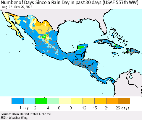 Mexico Central America and the Caribbean Number of Days Since a Rain Day in past 30 days (USAF 557th WW) Thematic Map For 9/16/2022 - 9/20/2022
