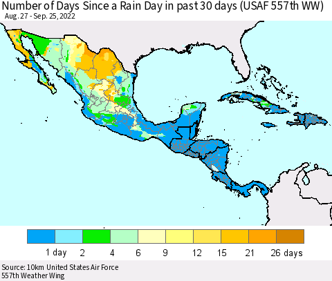 Mexico Central America and the Caribbean Number of Days Since a Rain Day in past 30 days (USAF 557th WW) Thematic Map For 9/21/2022 - 9/25/2022