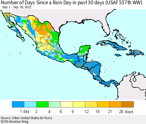 Mexico Central America and the Caribbean Number of Days Since a Rain Day in past 30 days (USAF 557th WW) Thematic Map For 9/26/2022 - 9/30/2022