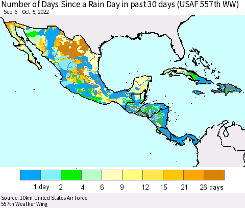 Mexico Central America and the Caribbean Number of Days Since a Rain Day in past 30 days (USAF 557th WW) Thematic Map For 10/1/2022 - 10/5/2022