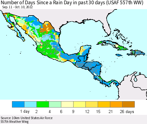 Mexico Central America and the Caribbean Number of Days Since a Rain Day in past 30 days (USAF 557th WW) Thematic Map For 10/6/2022 - 10/10/2022